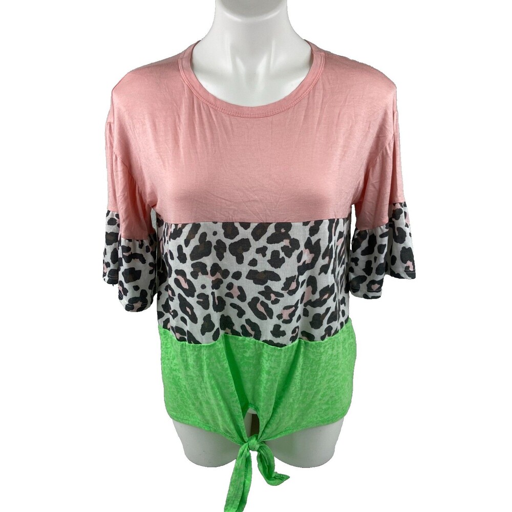 Fantastic Fawn Women Small Shirt Leopard Print Know Tie Waist Pink Green NWT